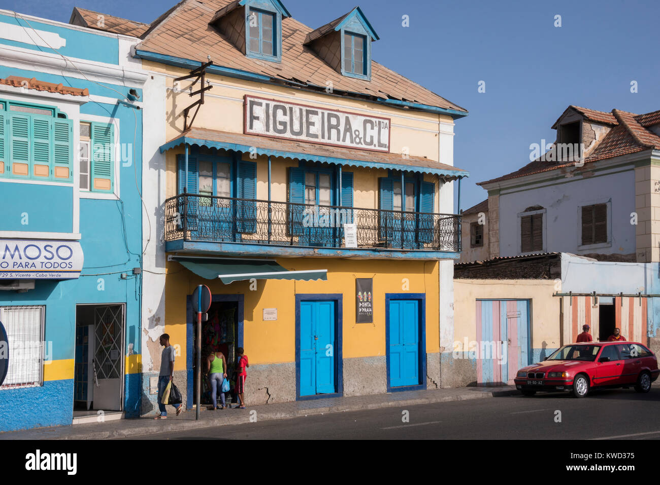 Ancient colonial houses in the city of Mindelo, island of San Vicente, Cape Verde Stock Photo