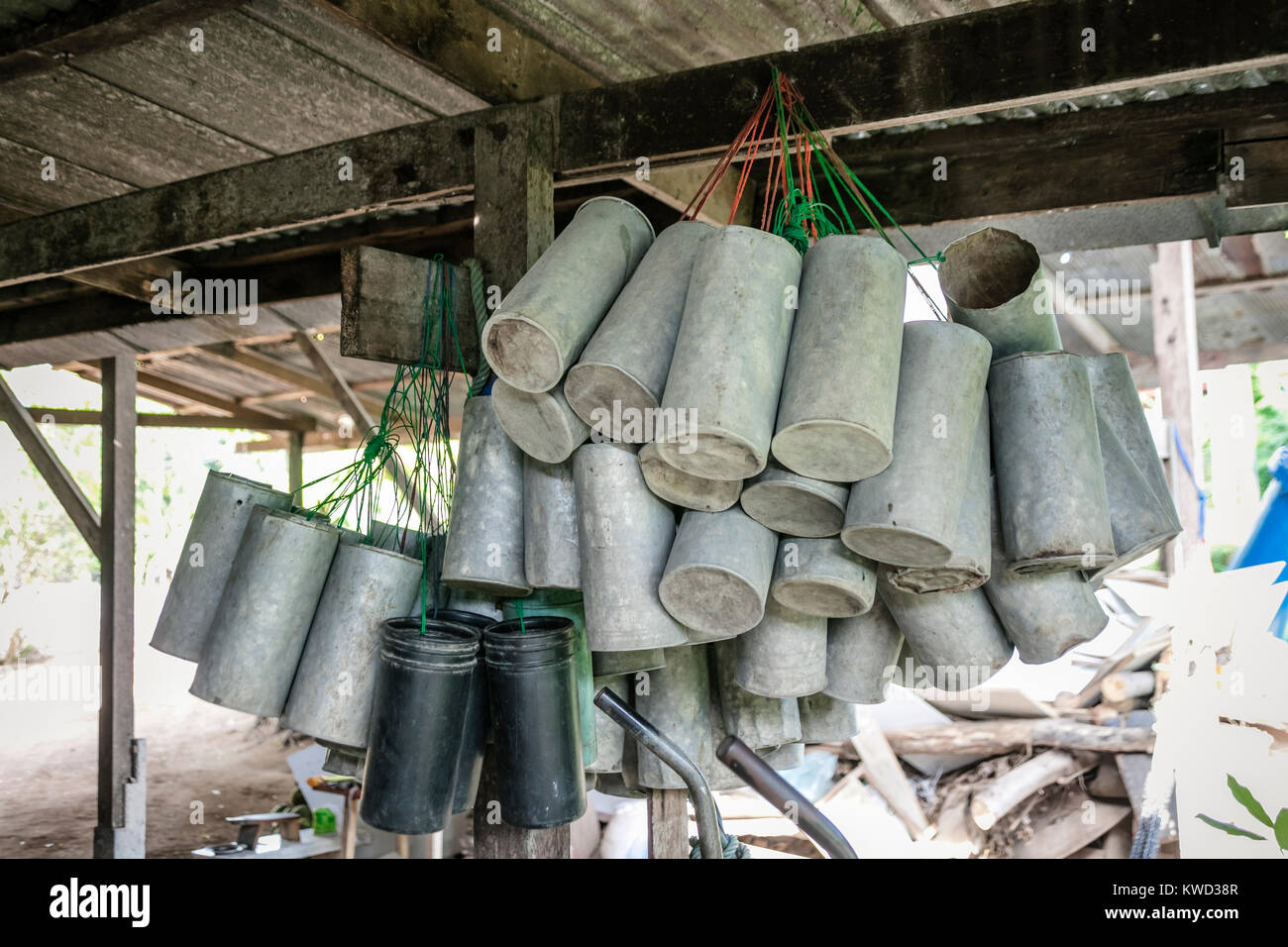 Containers for collecting coconut flower bud sugar sap at plantation, Tambon Kradangnga, Samut Songkhram, Thailand. Stock Photo