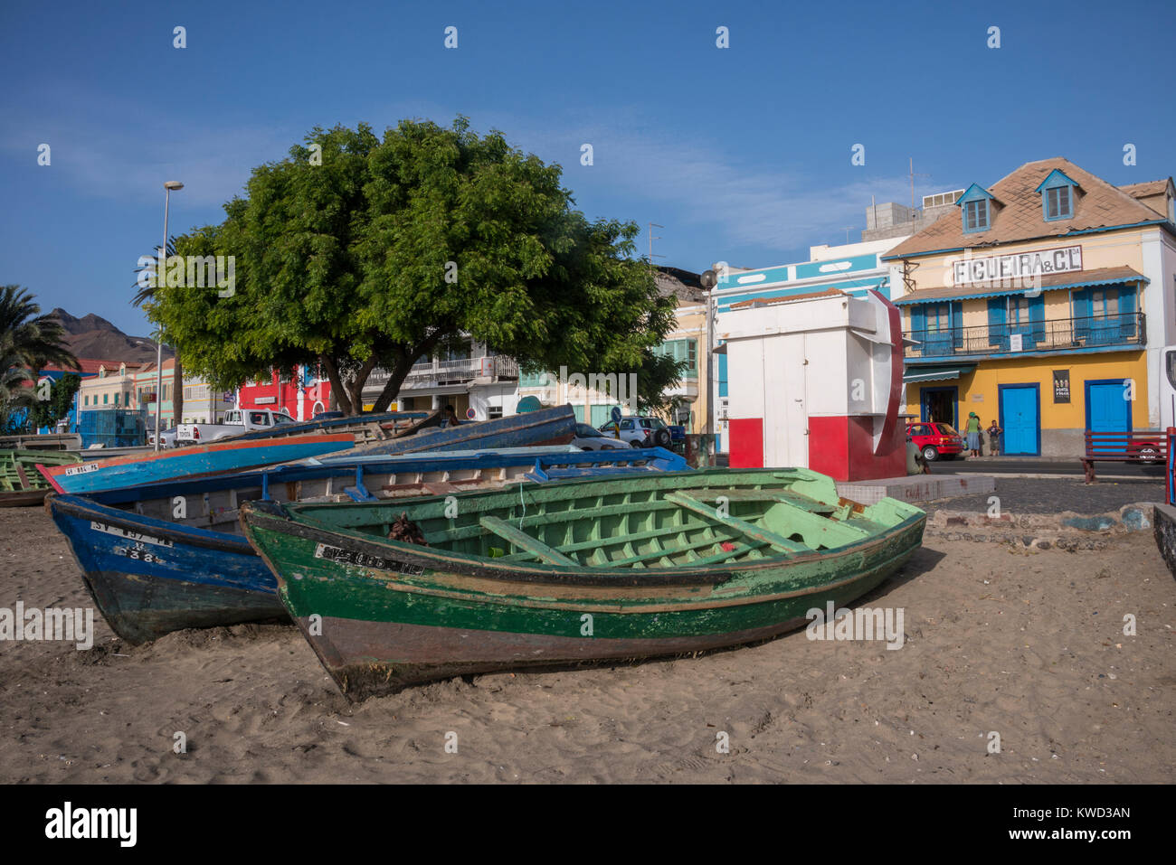 Fishing boats on the coast of Mindelo, island of San Vicente in Cape Verde Stock Photo