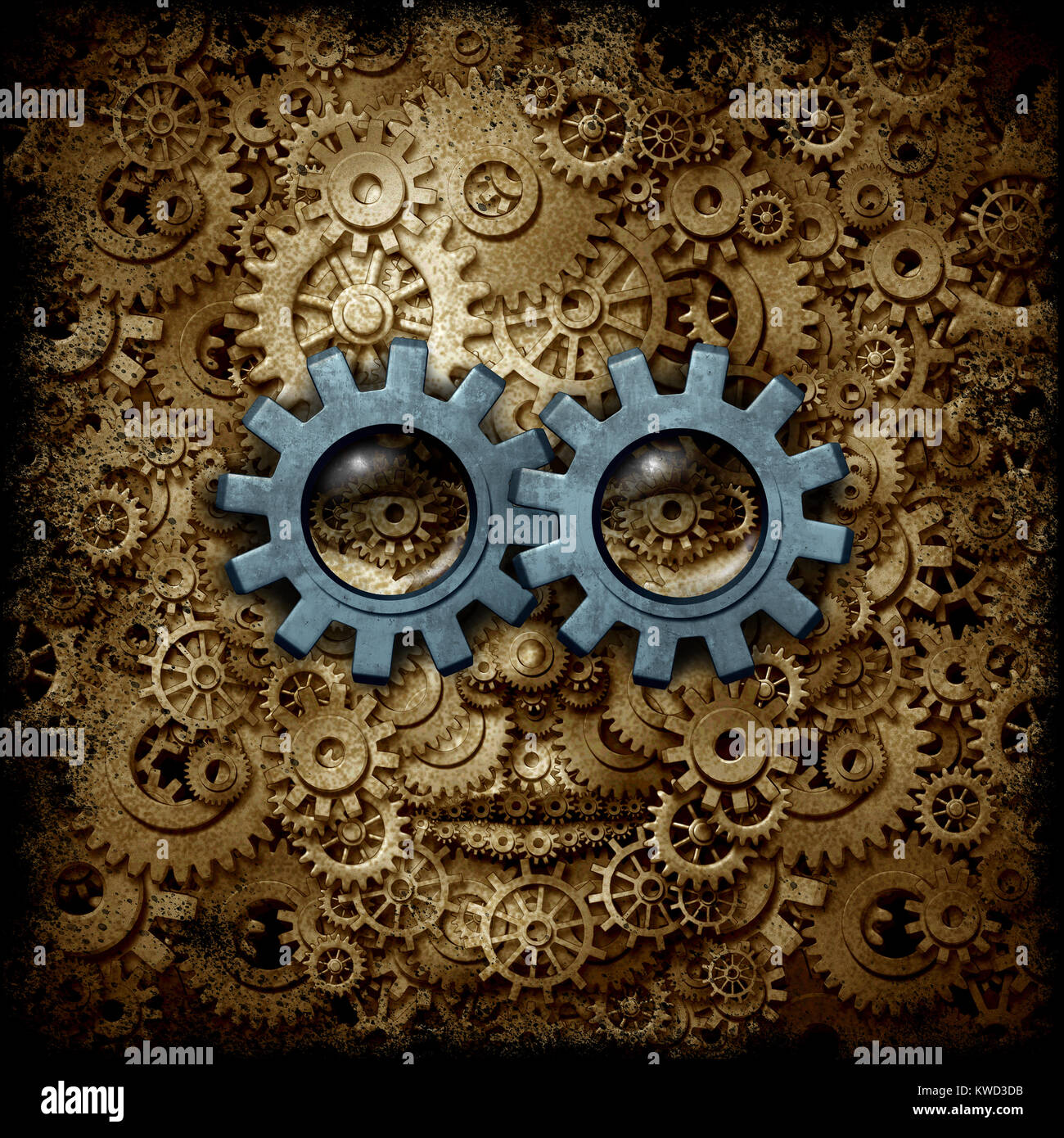 Steam punk or steampunk sci-fi or science fiction human head made of gear and cog machine wheels as a business or psychology metaphor. Stock Photo