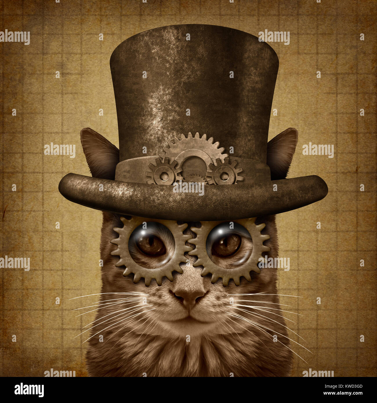 Steampunk and steam punk grunge cat with 3D illustration elements. Stock Photo