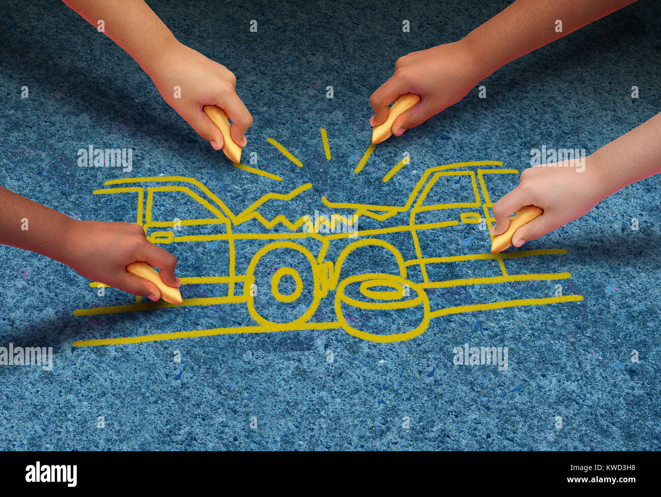 Car crash accident danger safety concept as a group of people drawing two automobiles crashing together as a wreck representing insurance. Stock Photo