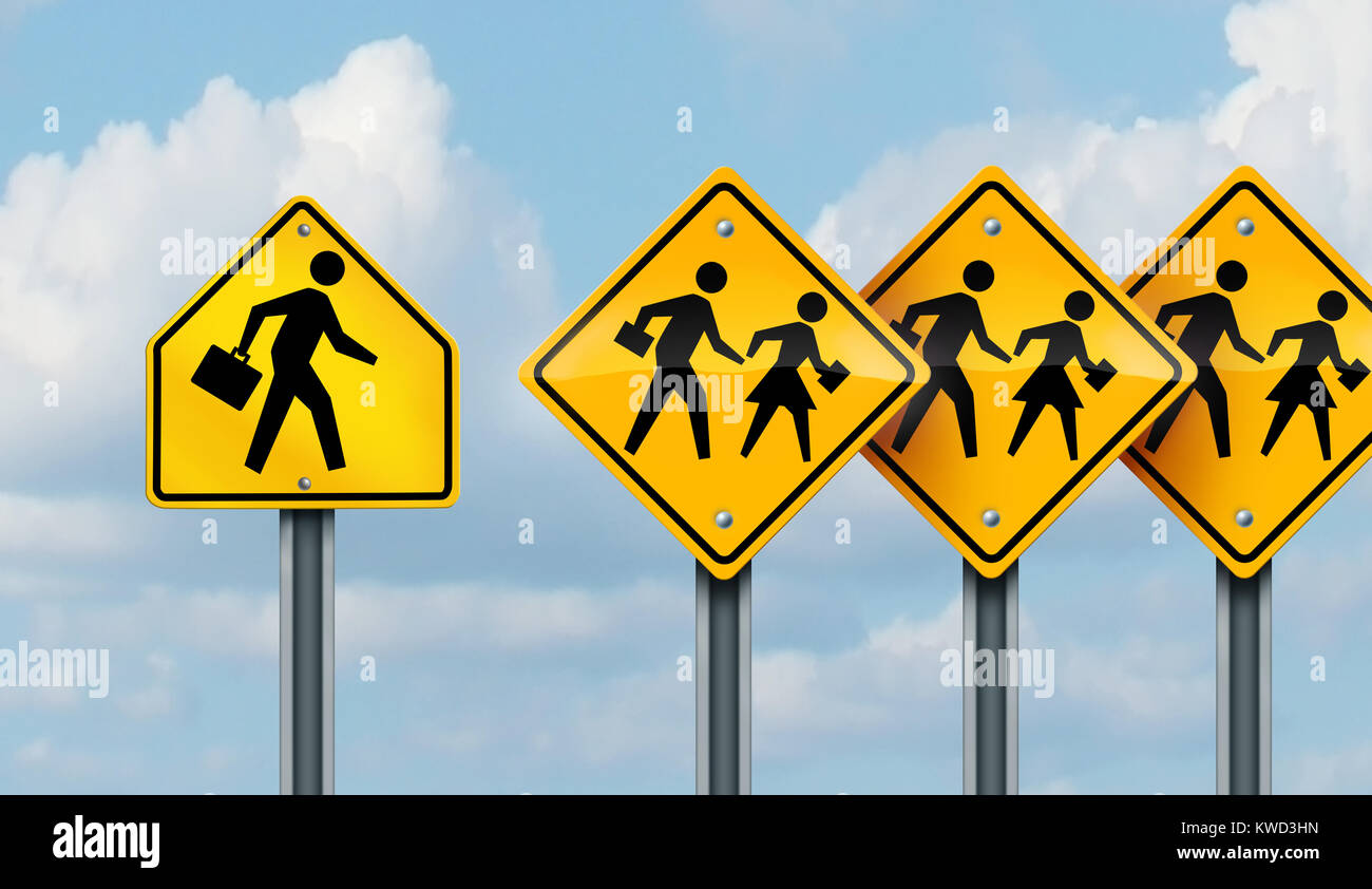 Marketing to school kids concept as a group of traffic signs with children being followed by a salesperson trying to sell or advertise. Stock Photo