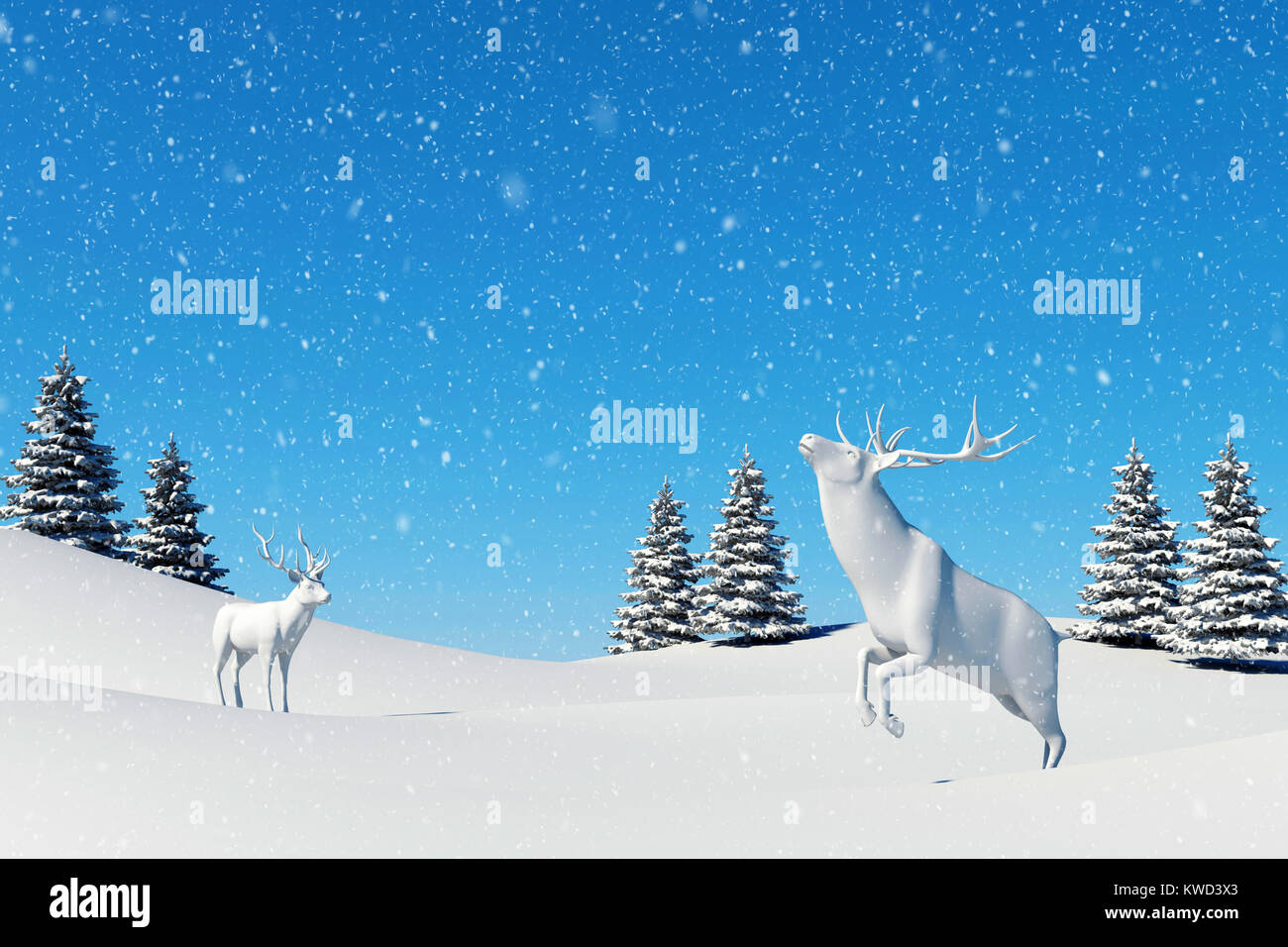 Arctic landscape scene, snow falling on reindeer in snowfield in winter season and Christmas day. 3D rendering Stock Photo