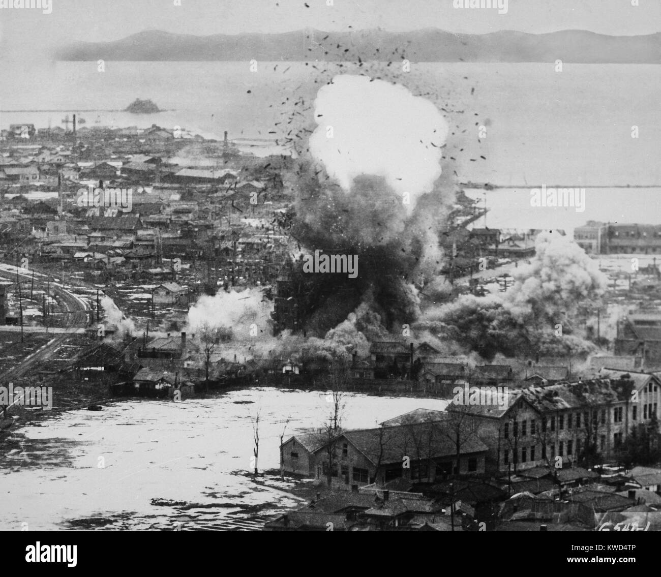 Aerial bombing destroys North Korean supplies during the blockade of Wonsan. Operation Fireball was the code name for a bombardment of the Wonsan area by the 5th Air Force from May through Sept. 1951. UN forces sustained a blockade of the North Korean harbor from Feb. 16, 1951 until the armistice signing on July 1953. Korean War, 1950-53. (BSLOC 2014 11 109) Stock Photo