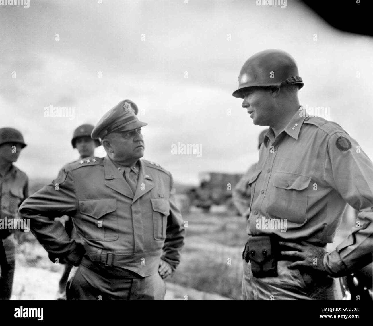 General Walton Walker (left), Commander of the 8th U.S. Army in July 1950. His Japanese based army quickly established a foothold in South East Korean to counter the North Korean invasion. On right is Major General William Dean, U.S. Commander of Ground Forces in Korea. Dean was captured by the North Koreans later in July. Korean War, 1950-53. (BSLOC 2014 11 143) Stock Photo