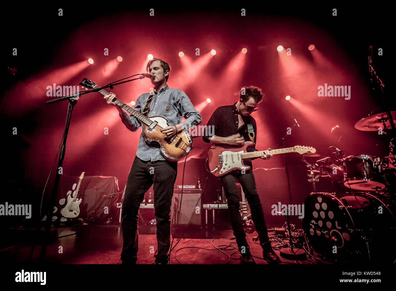 The German indie-rock and funk band Pool consists of Nils Hansen, Daniel Husten and David Stolzenberg. The trio here performs a live concert at Vega in Copenhagen as a warm up concert for The 1975. Denmark, 15/10 2014. Stock Photo