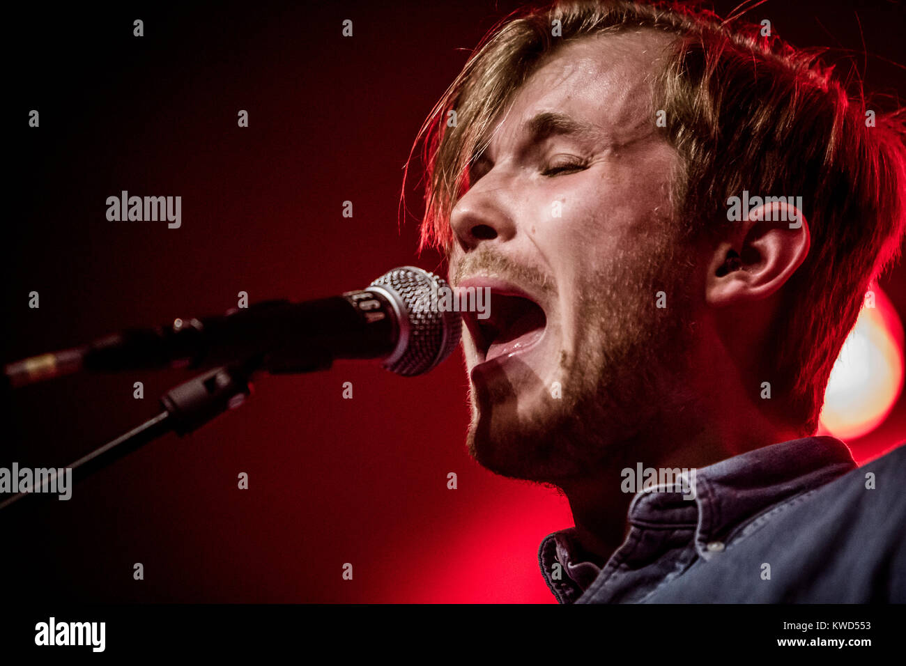 The German indie-rock and funk band Pool consists of Nils Hansen, Daniel Husten and David Stolzenberg. The trio here performs a live concert at Vega in Copenhagen as a warm up concert for The 1975. Denmark, 15/10 2014. Stock Photo