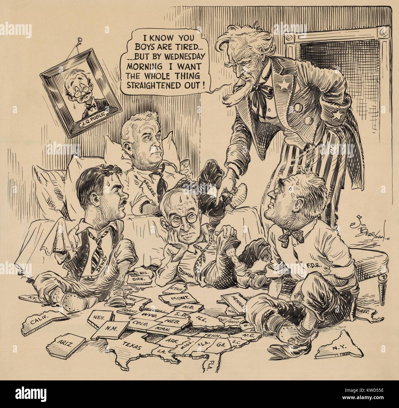 Cartoon about the U.S. 1944 Presidential Election. 'I know you boys are tired...but by Wednesday morning I want the whole thing straightened out!' says Uncle Sam to the candidates who are assembling a puzzle of American states. Nov. 1944. By Jim Berryman. (BSLOC 2014 13 42) Stock Photo