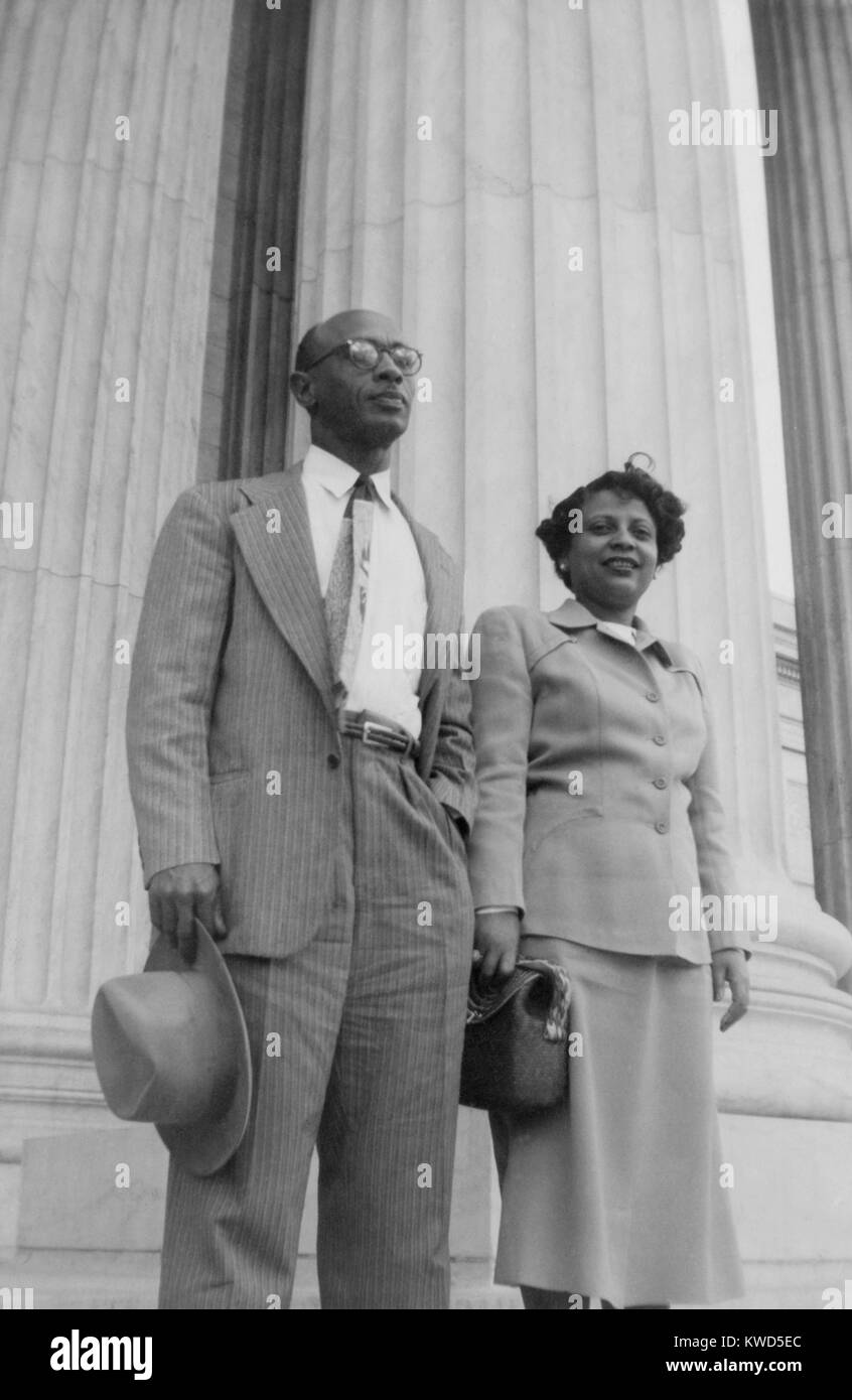 Heman Sweatt with his wife, Constantine, on the steps of the U.S. Supreme Court. Sweatt v. Painter lawsuit was first filed in 1947, when Sweatt was denied admission to The University of Texas School of Law on the basis of race. In June 1950, Supreme Court decided that students were not offered an equal quality law education in the state of Texas, and as a result UT would have to admit qualified black applicants. (BSLOC 2014 13 114) Stock Photo