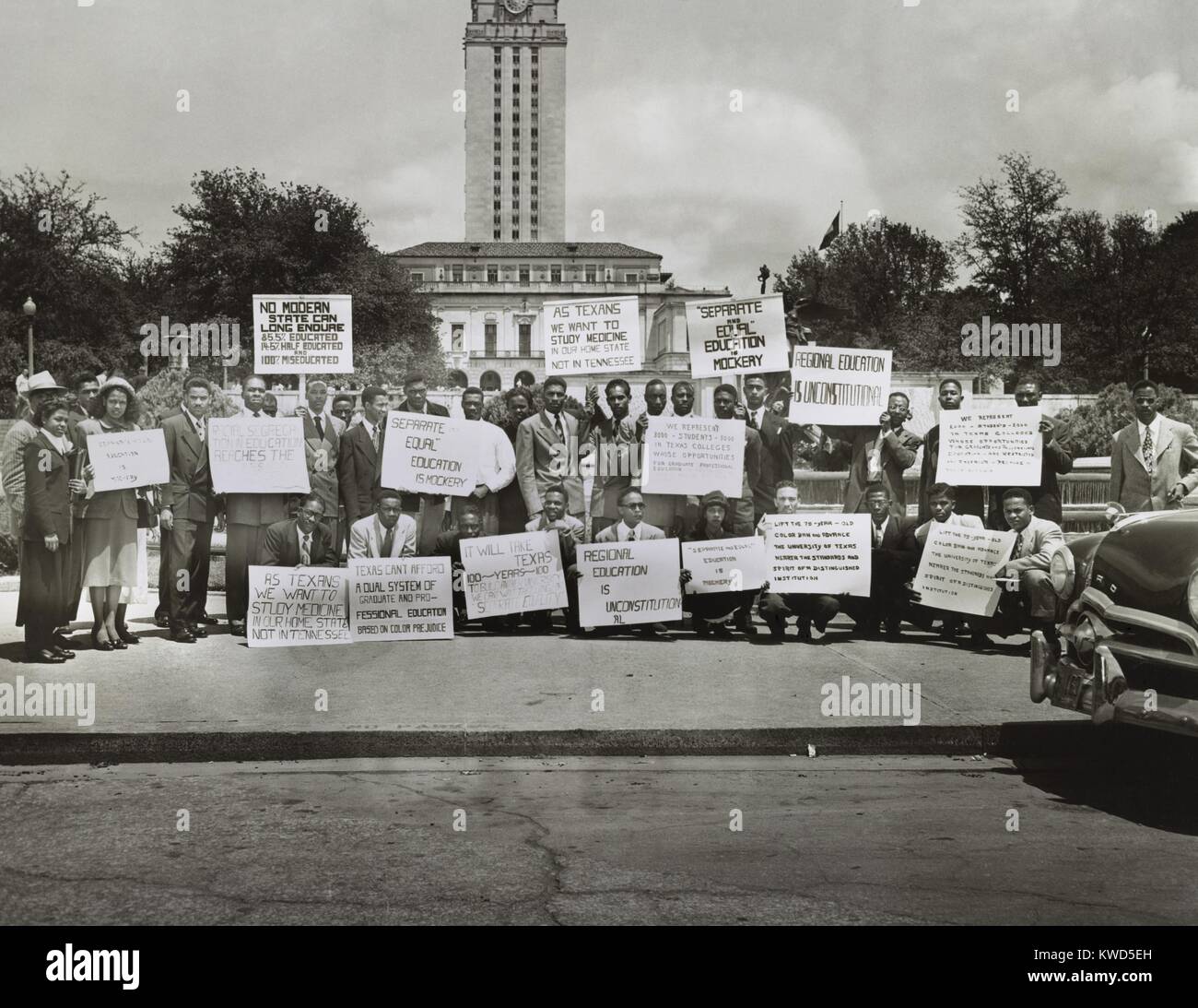 African Americans demonstrate against segregation at the University of Texas, Austin. 37 college seniors from Bishop, Wiley and Jarvis Colleges made application for entry into UT's graduate schools, but all were denied admission on racial grounds. April 27, 1949. (BSLOC 2014 13 119) Stock Photo