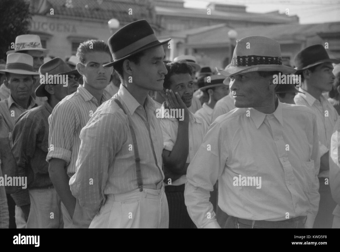 Men at a strike meeting in Yabucoa, Puerto Rico. Jan. 1942. Photo by Jack Delano. (BSLOC 2014 13 130) Stock Photo