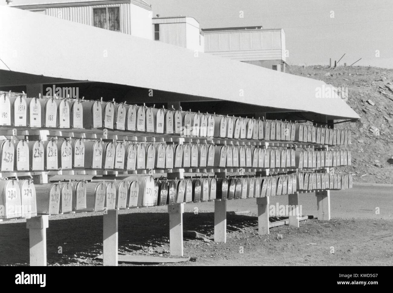 Cluster of mail boxes at a mobile home park in Rock Springs, Wyoming