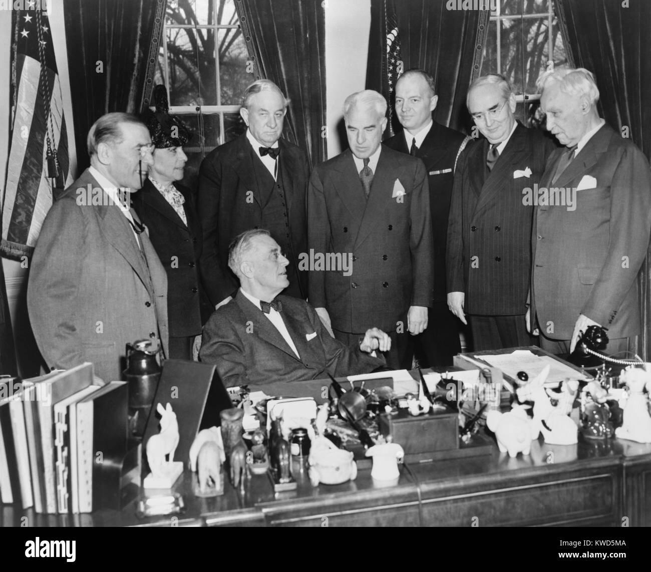 President Roosevelt, meets U.S. delegates to United Nations conference in San Francisco. L-R: Rep. Sol Bloom; Dean Virginia Gildersleeve; Sen. Tom Connally; Secretary of State Edward Stettinius; Comdr. Harold Stassen; Sen. Arthur Vandenberg; and Rep. Charles A. Eaton. Ca. March 1945. (BSLOC 2014 13 23) Stock Photo