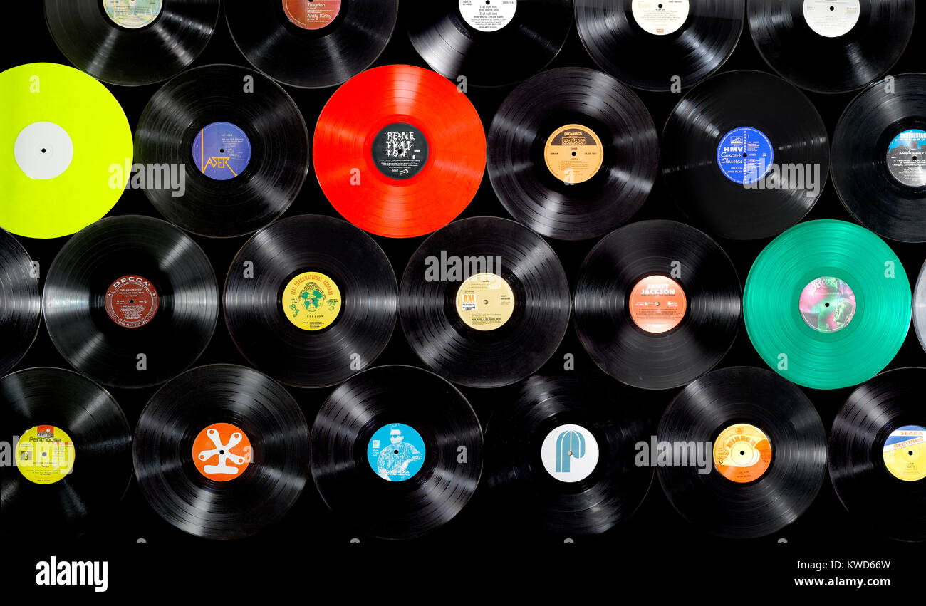 A wall of old vinyl records Stock Photo