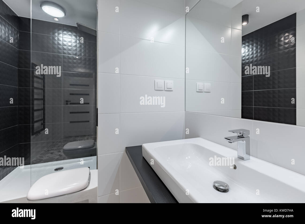 Black and white bathroom with shower, toilet and basin Stock Photo Alamy