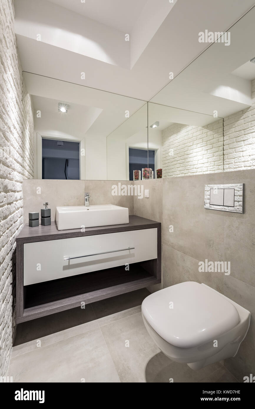 Bright bathroom with brick wall, toilet and basin Stock Photo