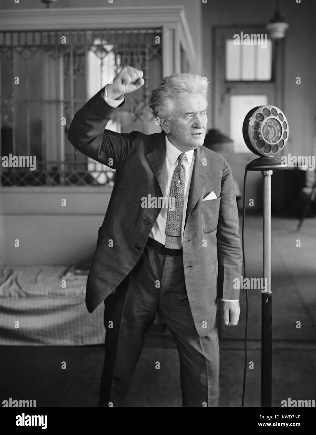 Senator Robert M. La Follette, progressive Democratic speaking into radio microphone. Sept. 1, 1924. His emphatic gesturing would have no effect on his radio audience, as it did from the Speaker's podium. He was campaigning as the Progressive Party nominee against President Coolidge and Democrat John Davis. (BSLOC 2015 16 115) Stock Photo