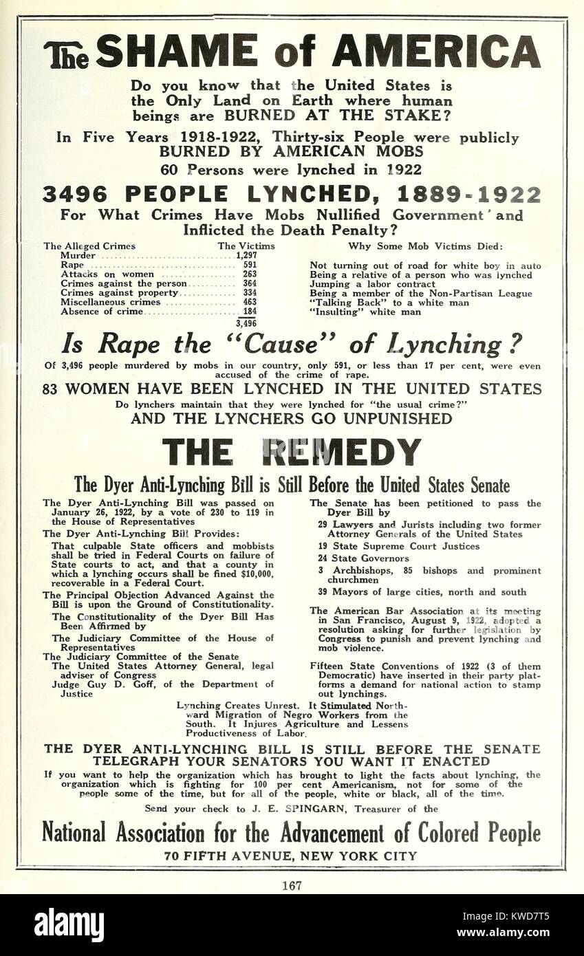 Shame of America. Page from 1923 CRISIS magazine edited by W. E. B. Du Bois for the NAACP. It decries decades of lynchings and urges the passage of the Dyer Anti-Lynching Bill by the U.S Senate. Between 1920 and 1930 the House of Representative passed three strong bills, but each was blocked by the Senate's Southern Democratic voting block. (BSLOC 2015 16 153) Stock Photo