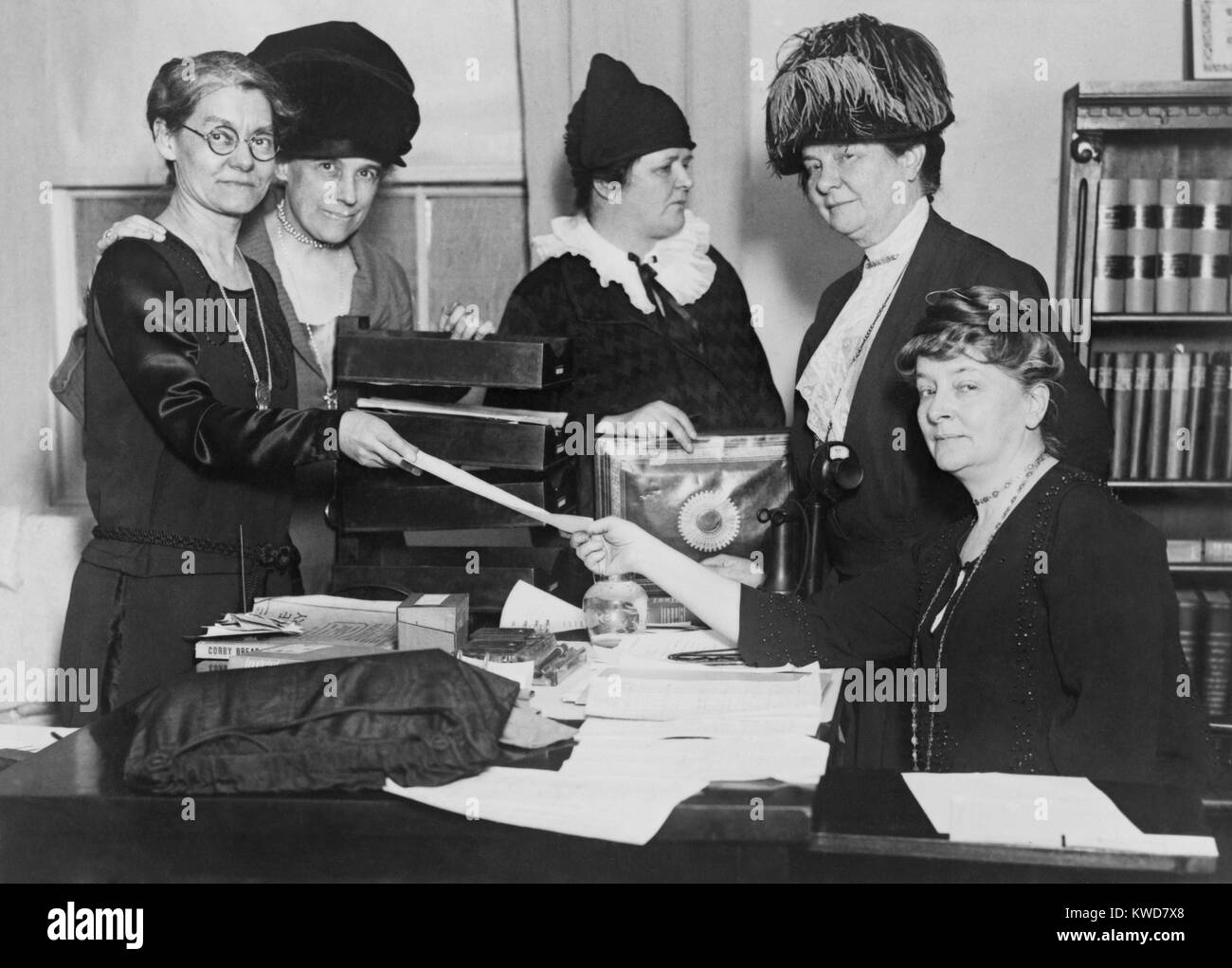 Executive committee of the National League of Women Voters in 1924. L-R: Elizabeth Hauser, Katherine Ludington, Ruth Morgan, Belle Sherwin, and Maud Wood Park. Later renamed 'League of Women Voters', it was founded in 1920 by Carrie Chapman Catt to help newly enfranchised women exercise their responsibilities as voters. (BSLOC 2015 16 193) Stock Photo