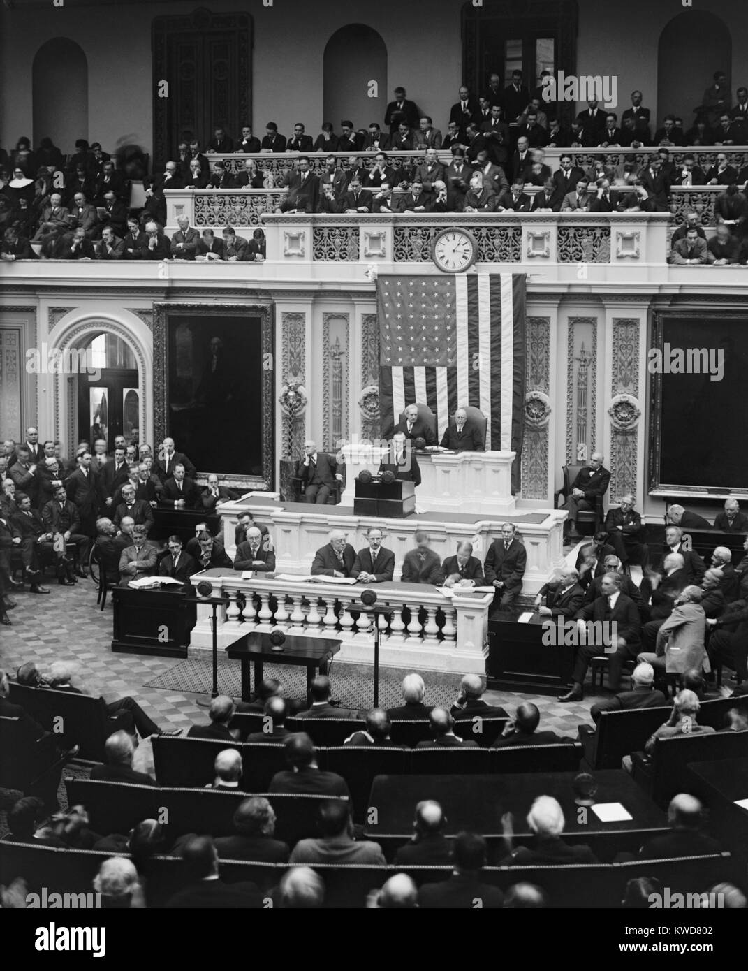 President Calvin Coolidge delivering his first message to Congress on Dec. 6, 1923. He assumed the Presidency following the death of Warren Harding on August 2, 1923. (BSLOC 2015 16 23) Stock Photo