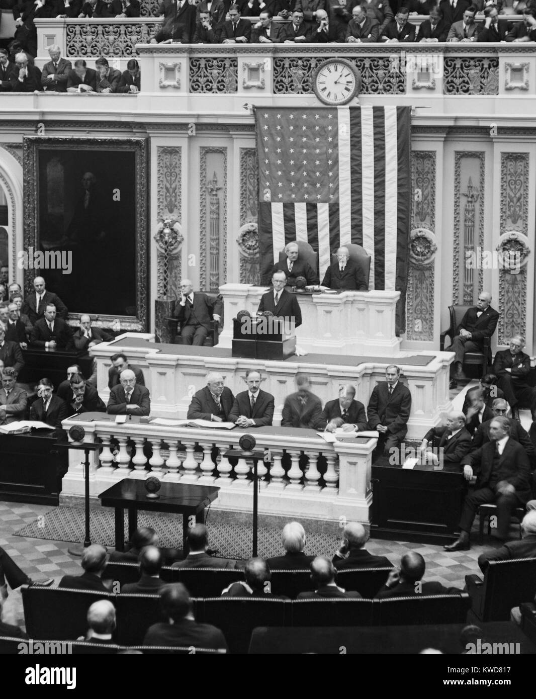 President Calvin Coolidge delivering his first message to Congress on Dec. 6, 1923. He assumed the Presidency following the death of Warren Harding on August 2, 1923. (BSLOC 2015 16 251) Stock Photo