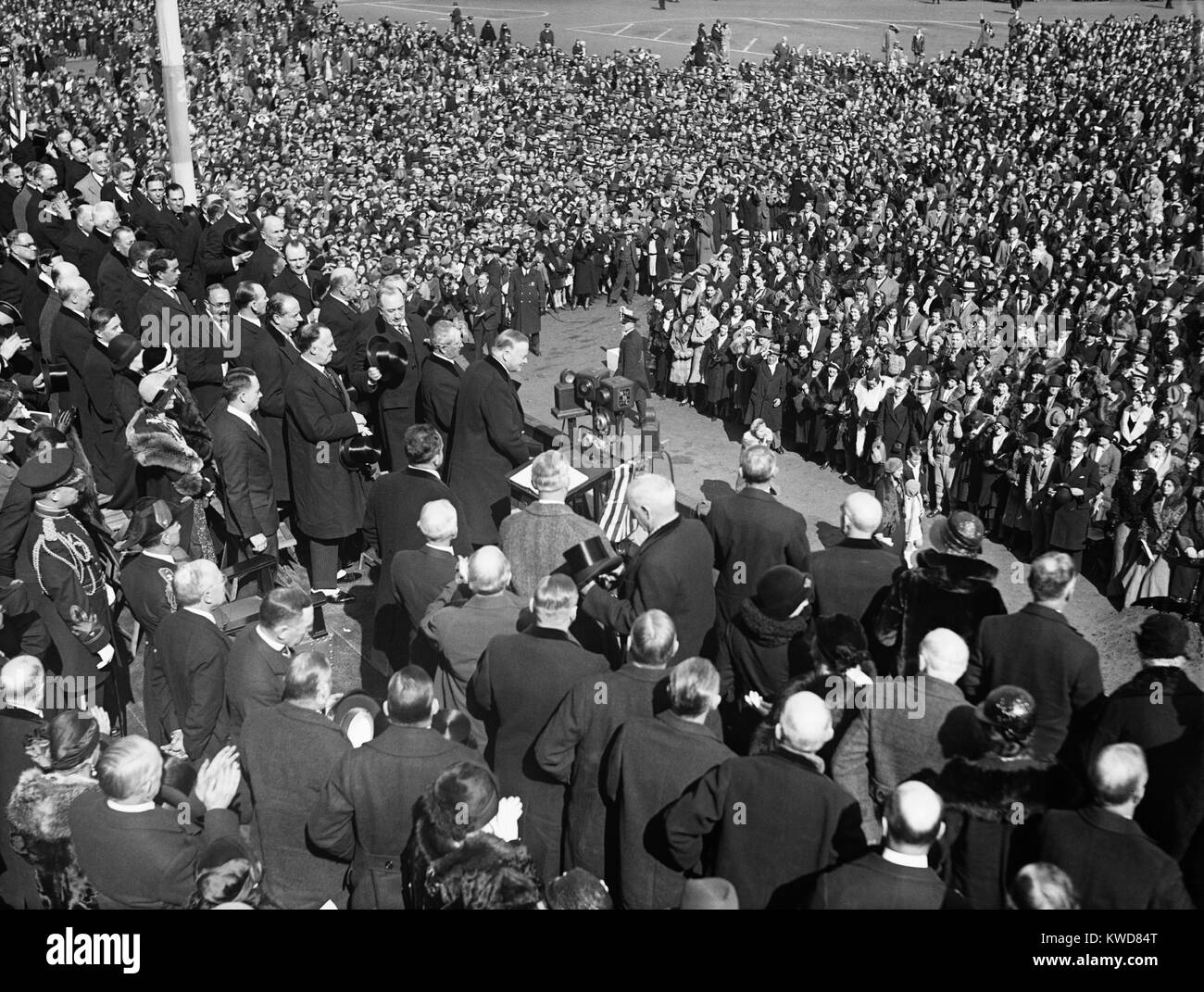 President Herbert Hoover addresses a crowd during his 1932 campaign for re-election. Hoover lost, receiving 15.7 million votes to Democrat Franklin Roosevelt's 22.8 million. (BSLOC 2015 16 92) Stock Photo