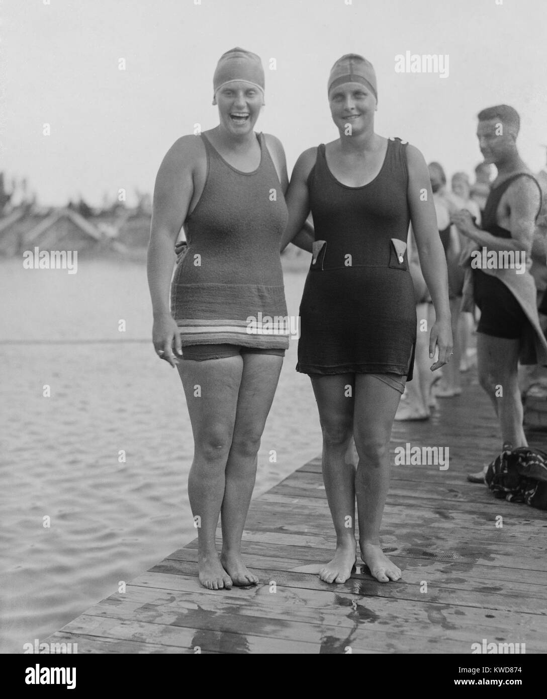 1920 Olympic Swimmers Charlotte Boyle and Ethelda Bleibtrey. Bleibtrey won gold medals in three freestyle events at the Antwerp Games in 1920. Boyle swam in the women's 100-meter freestyle. (BSLOC 2015 17 136) Stock Photo