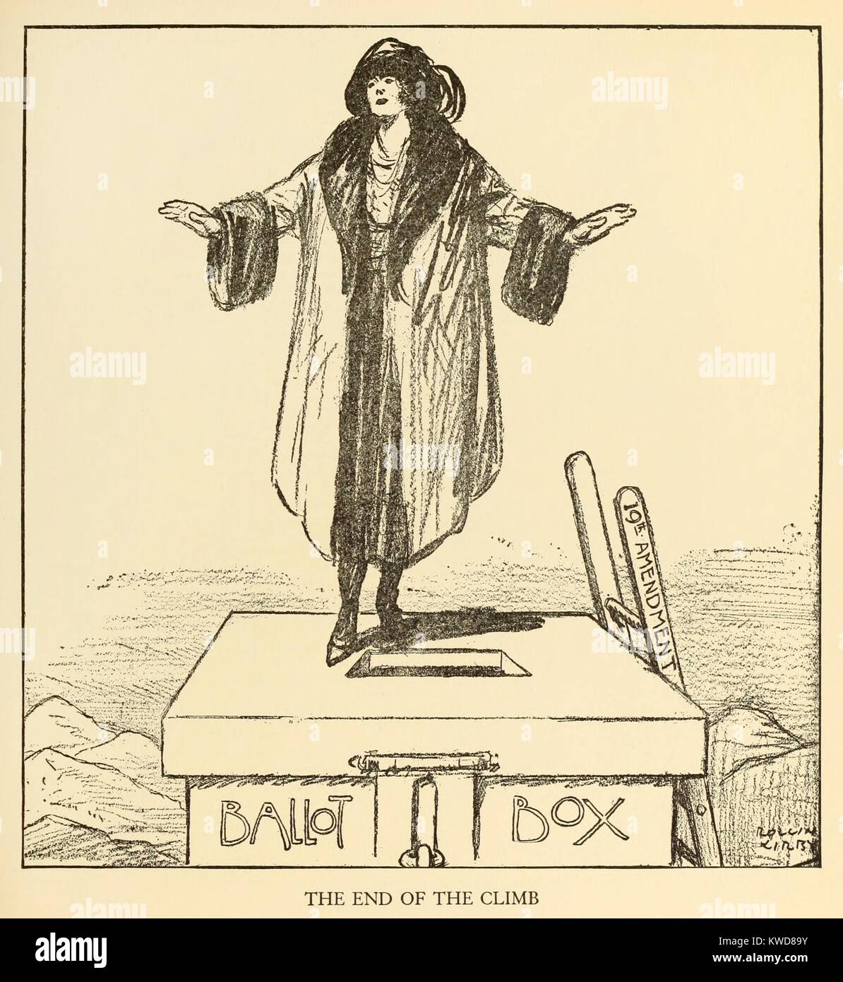 END OF THE CLIMB. Political cartoon celebrating women's suffrage. A woman stands on a giant ballot which she reached it by climbing a ladder labeled '19th Amendment'. By New York World cartoonist, Kirby Rollin, 1920. (BSLOC 2015 17 192) Stock Photo