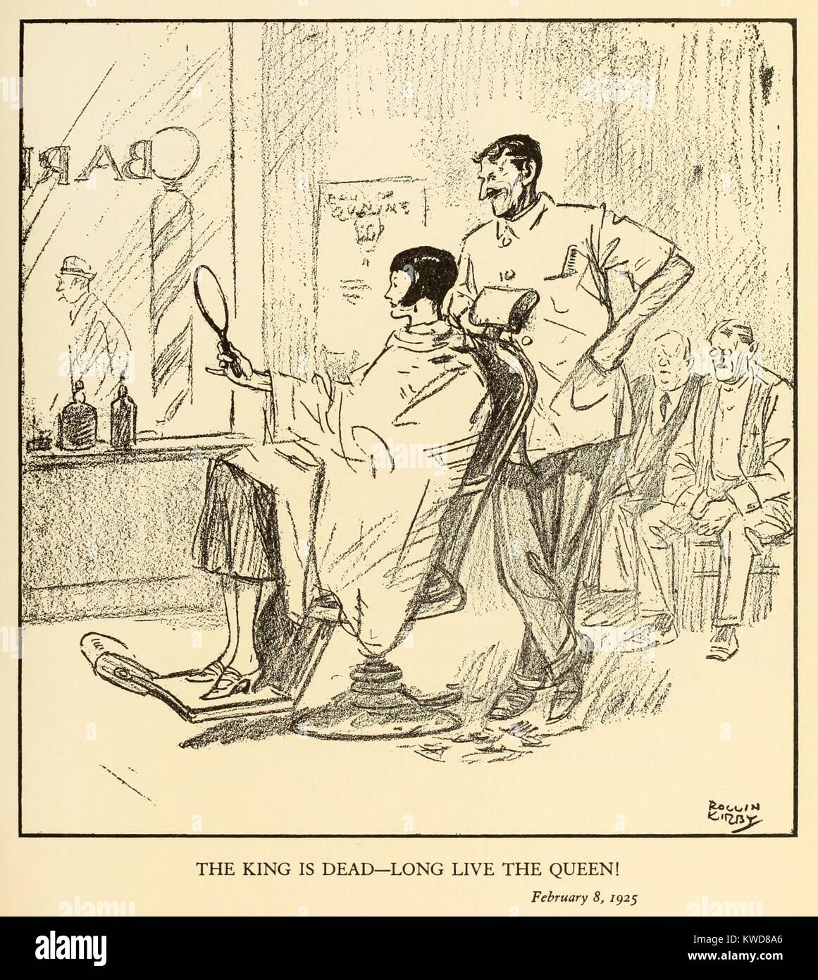 THE KING IS DEAD-LONG LIVE THE QUEEN. Young woman having her hair cut short in a barber shop. Feb. 8, 1925. Cartoon by Rollin Kirby for the New York World newspaper. (BSLOC 2015 17 198) Stock Photo