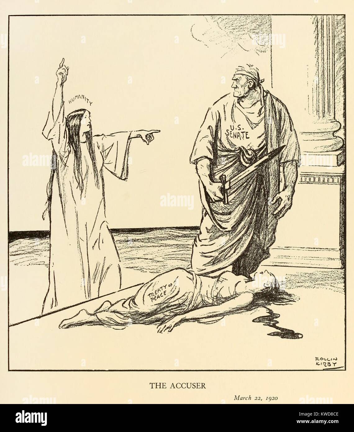 THE ACCUSER. Political cartoon about the U.S. rejection of the Treaty of Versailles after WW1. Personification of Humanity confronts the U.S. Senate for the murder of Treaty of Peace. By New York World cartoonist, Kirby Rollin, March 22, 1920. (BSLOC 2015 17 241) Stock Photo
