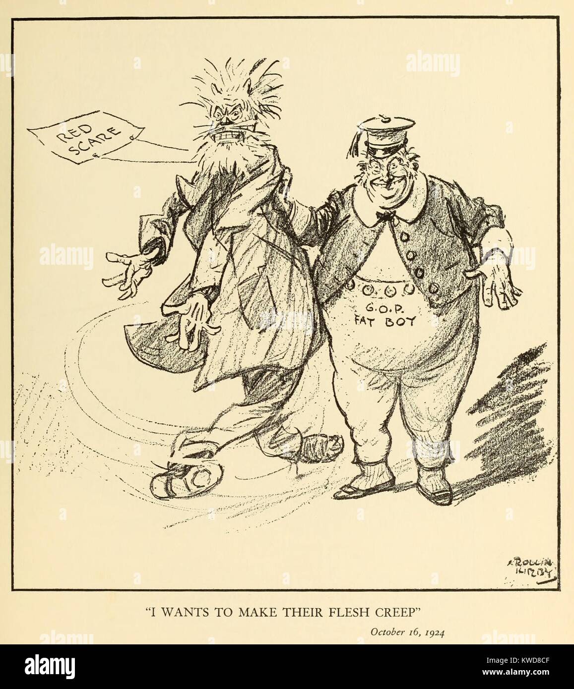I WANTS TO MAKE THEIR FLESH CREEP. Political cartoon showing a 'G.O.P. Fatboy' waving a threatening puppet representing the Red Scare. By New York World cartoonist, Kirby Rollin, Oct. 24, 1920. (BSLOC 2015 17 242) Stock Photo