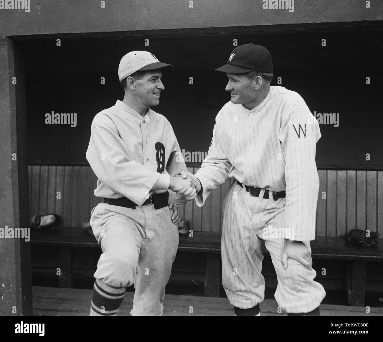 Former teammates Walter Johnson and Bucky Harris meet as managers of opposing baseball teams. Bucky's Detroit Tigers were playing against Johnson's Washington Senators, June 6, 1929. (BSLOC 2015 17 42) Stock Photo
