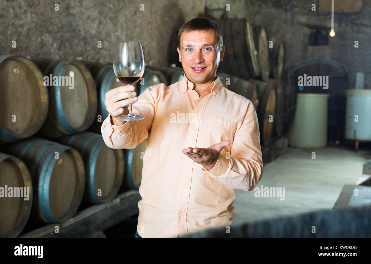 Handsome man posing with glass of wine in winery cellar Stock Photo - Alamy