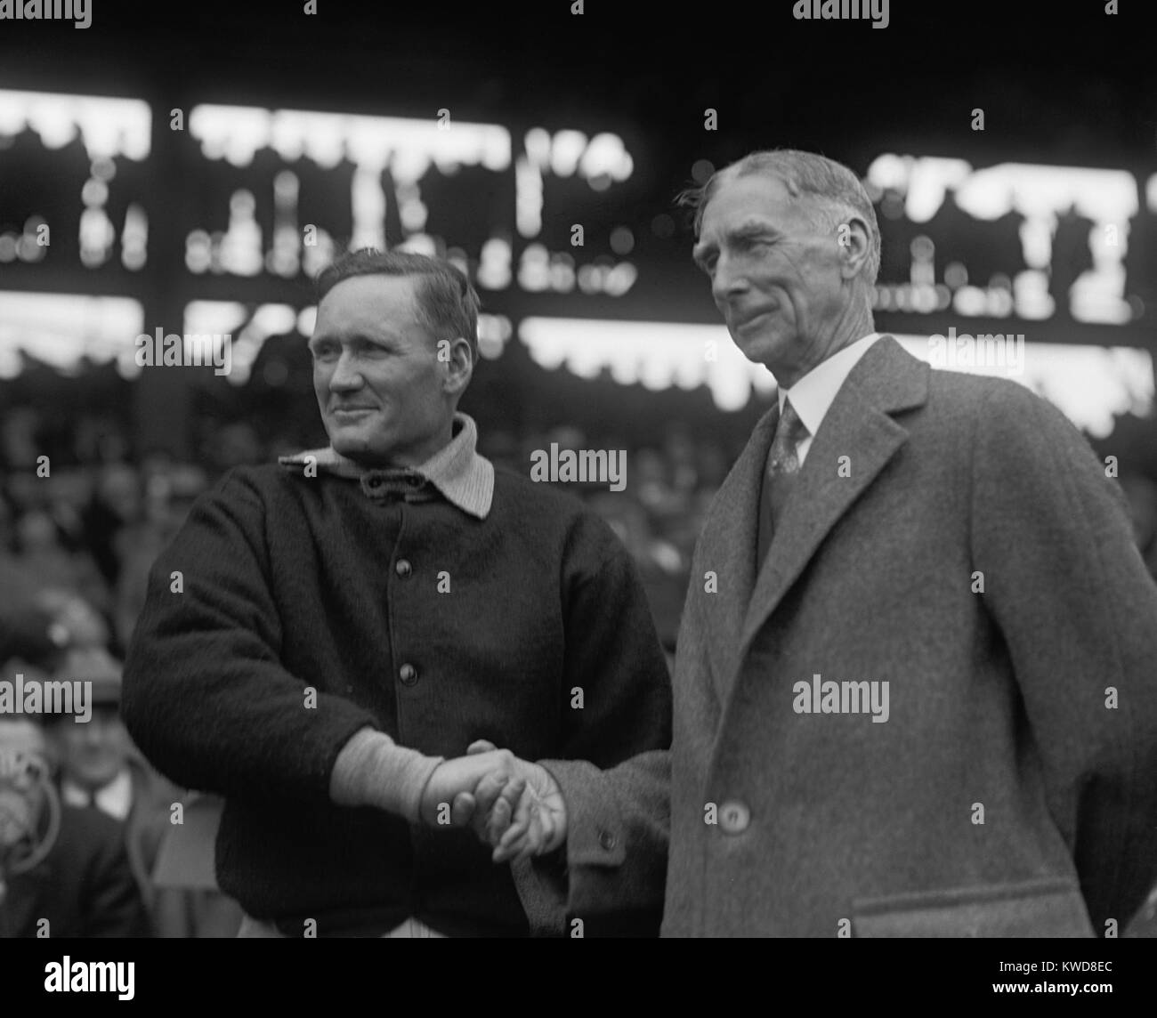 Baseball Managers Walter Johnson (left) and Connie Mack, April 17, 1929. They were at the season opener at Griffith Stadium between the Washington Senators and Mack's Philadelphia Athletics. (BSLOC 2015 17 50) Stock Photo
