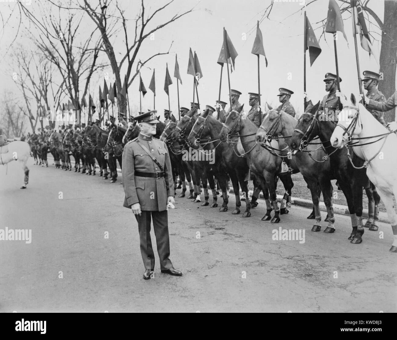 General John Pershing reviewing 'Buffalo Soldiers' of the African American Tenth Cavalry. Ft. Myer, Virginia, 1932. (BSLOC 2015 16 133) Stock Photo