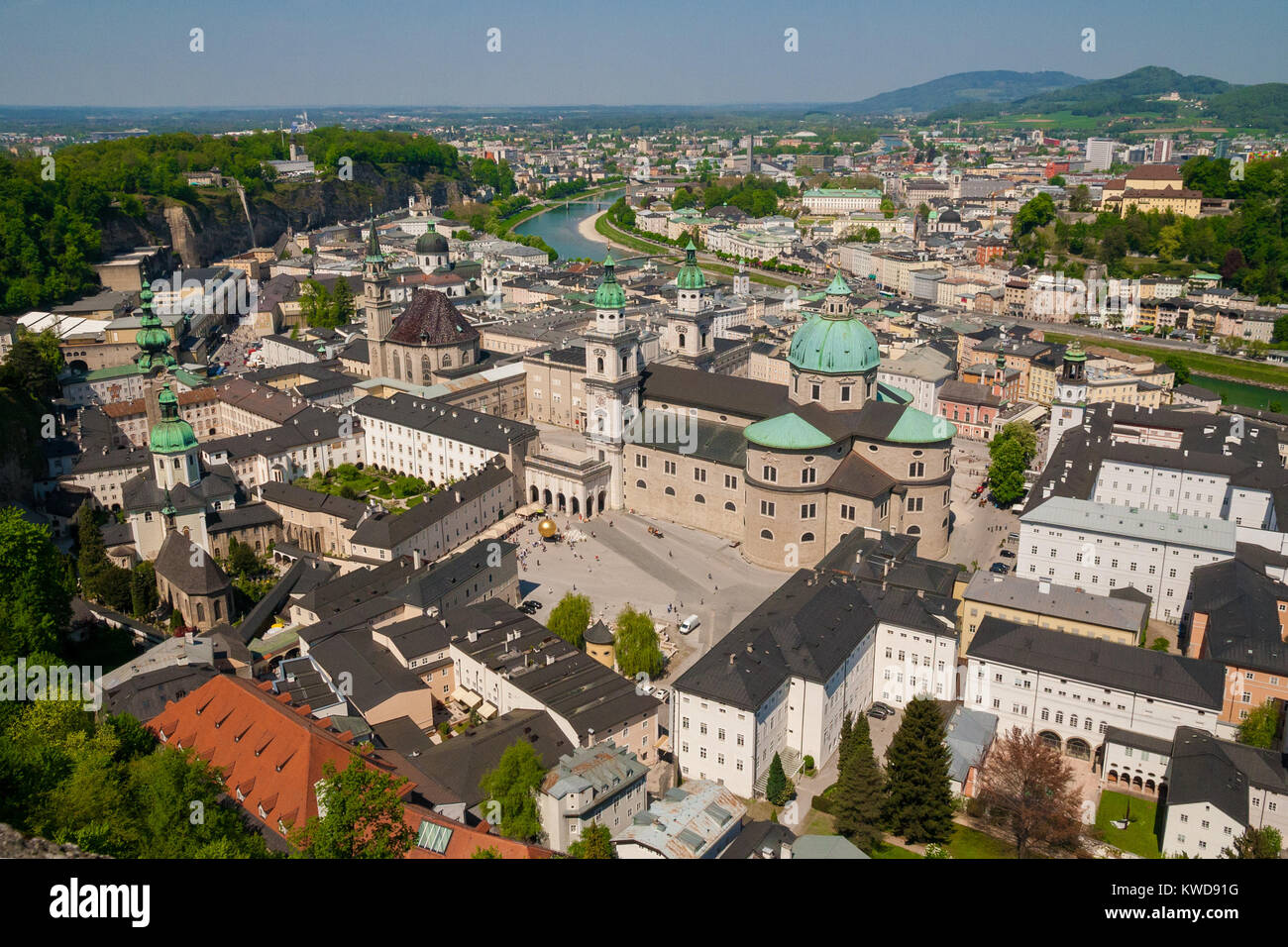 Great view over Salzburg's Old Town from the Festungsberg. Stock Photo