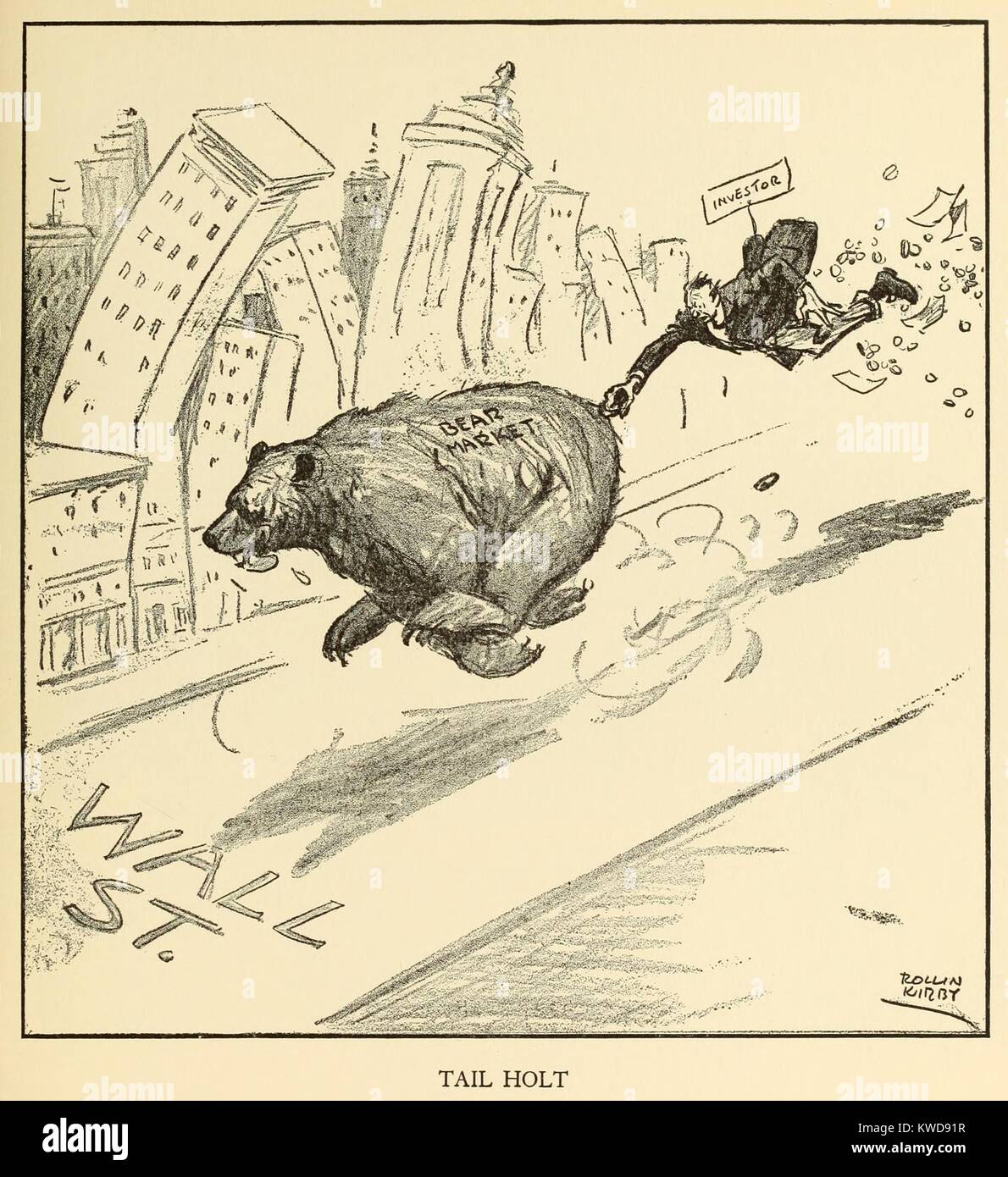 TAIL HOLT, cartoon of a Bear Market running wild on Wall Street. An investor's pockets rain money as he tries to hang onto the beast's tail. Kirby Rollin created this cartoon three weeks prior to the Black Friday Stock Market Crash, Oct. 29, 1929 (BSLOC 2016 8 34) Stock Photo