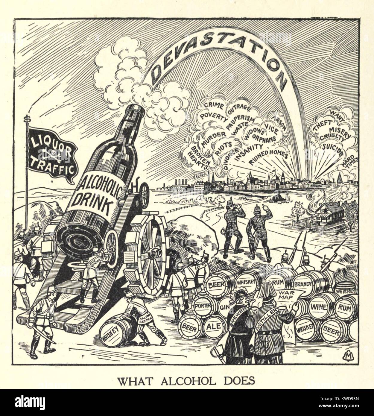 WHAT ALCOHOL DOES. Cartoon of bottle on a cannon caisson launching devastation on a community. From 'The Shadow of the Bottle,' 1915 book advocating nation-wide prohibition of the liquor traffic (BSLOC 2016 8 59) Stock Photo