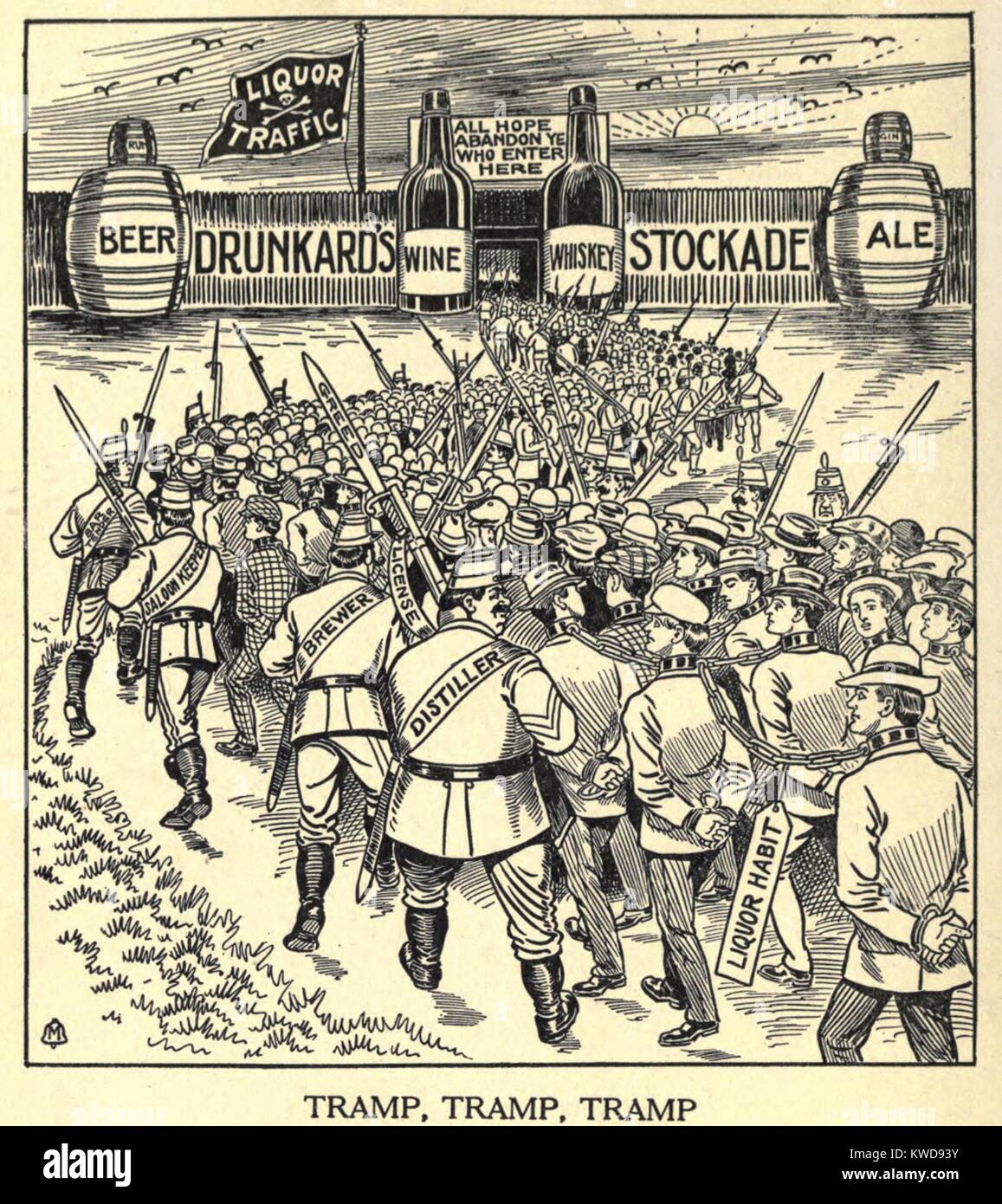 TRAMP, TRAMP, TRAMP. Cartoon of shackled men driven by distillers, brewers. And saloon keepers. All are headed to the 'Drunkard's Stockade.' From 'The Shadow of the Bottle,' 1915 book advocating nation-wide prohibition of the liquor traffic (BSLOC 2016 8 60) Stock Photo