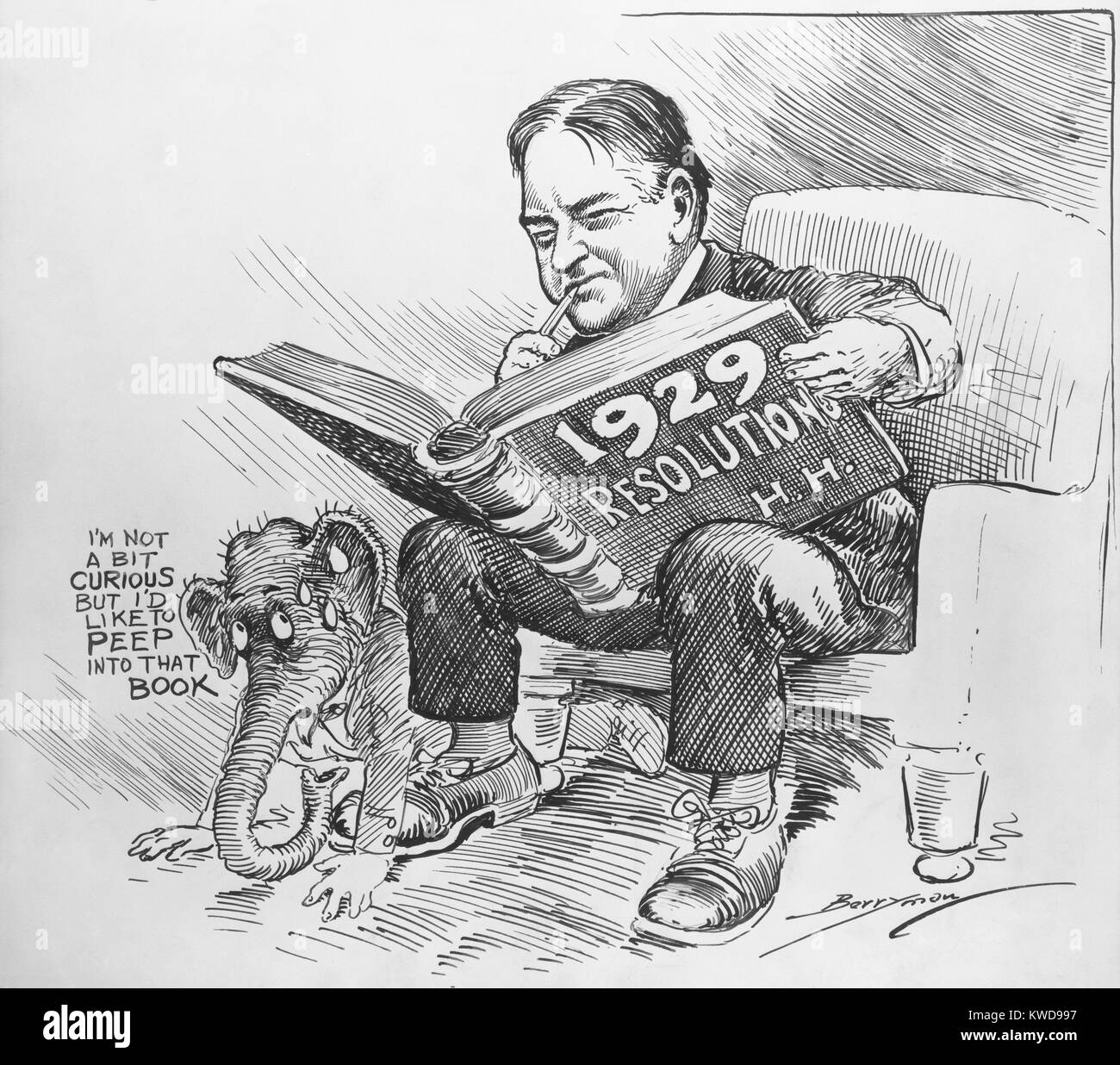 President-Elect Herbert Hoover reading a book entitled '1929 Resolutions, H.H.' A worried GOP elephant looks on, wondering what he plans to do. Cartoon by Clifford Berryman. (BSLOC 2015 16 72) Stock Photo