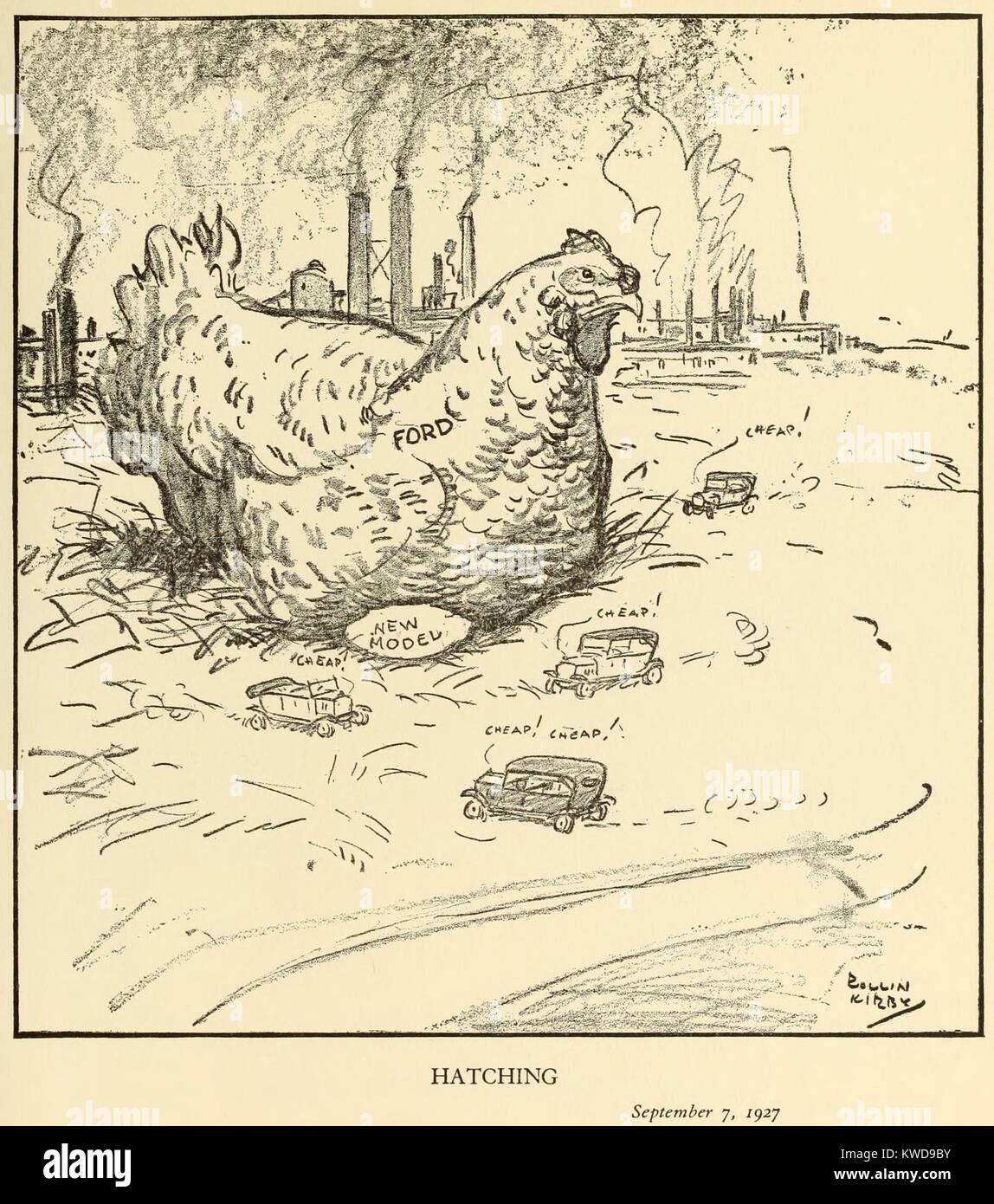 HATCHING, Cartoon by Rollin Kirby, for the New York World, Sept 7, 1927. The country was anticipating Ford's introduction of the Model A, which would replace the Model T after 18 on the market, since 1909. The mother hen is labeled 'Ford' and sits on an egg, 'New Model', as little cars make 'cheap' sounds (BSLOC 2016 10 130) Stock Photo
