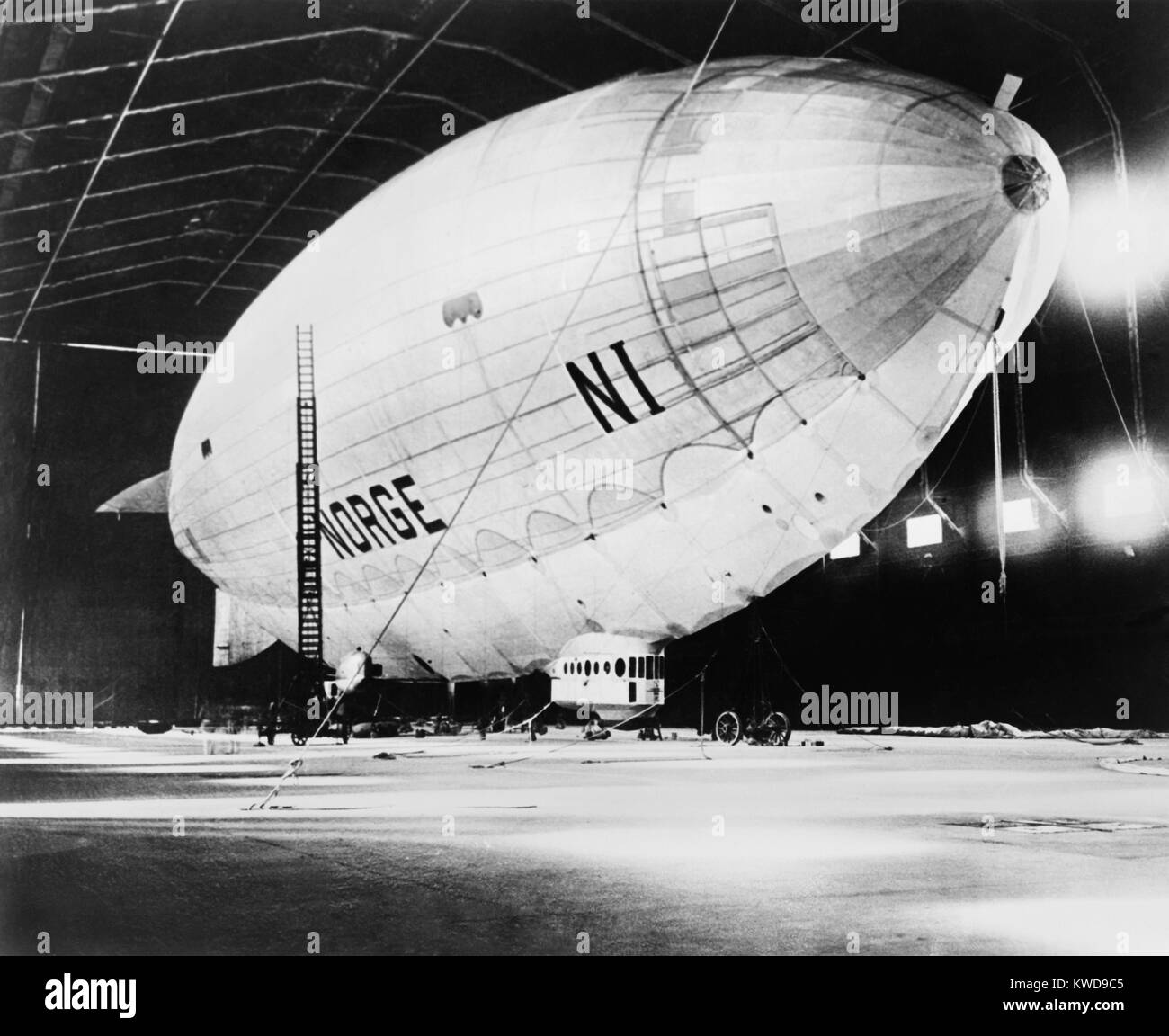 Airship Norge in its hangar before the Amundsen-Ellsworth Transpolar Flight. From Spitzbergen the ship flew over the North Pole on May 12, 1926. It dropped Norwegian, American and Italian flags onto the ice and landed in Alaska two day later (BSLOC 2016 10 134) Stock Photo