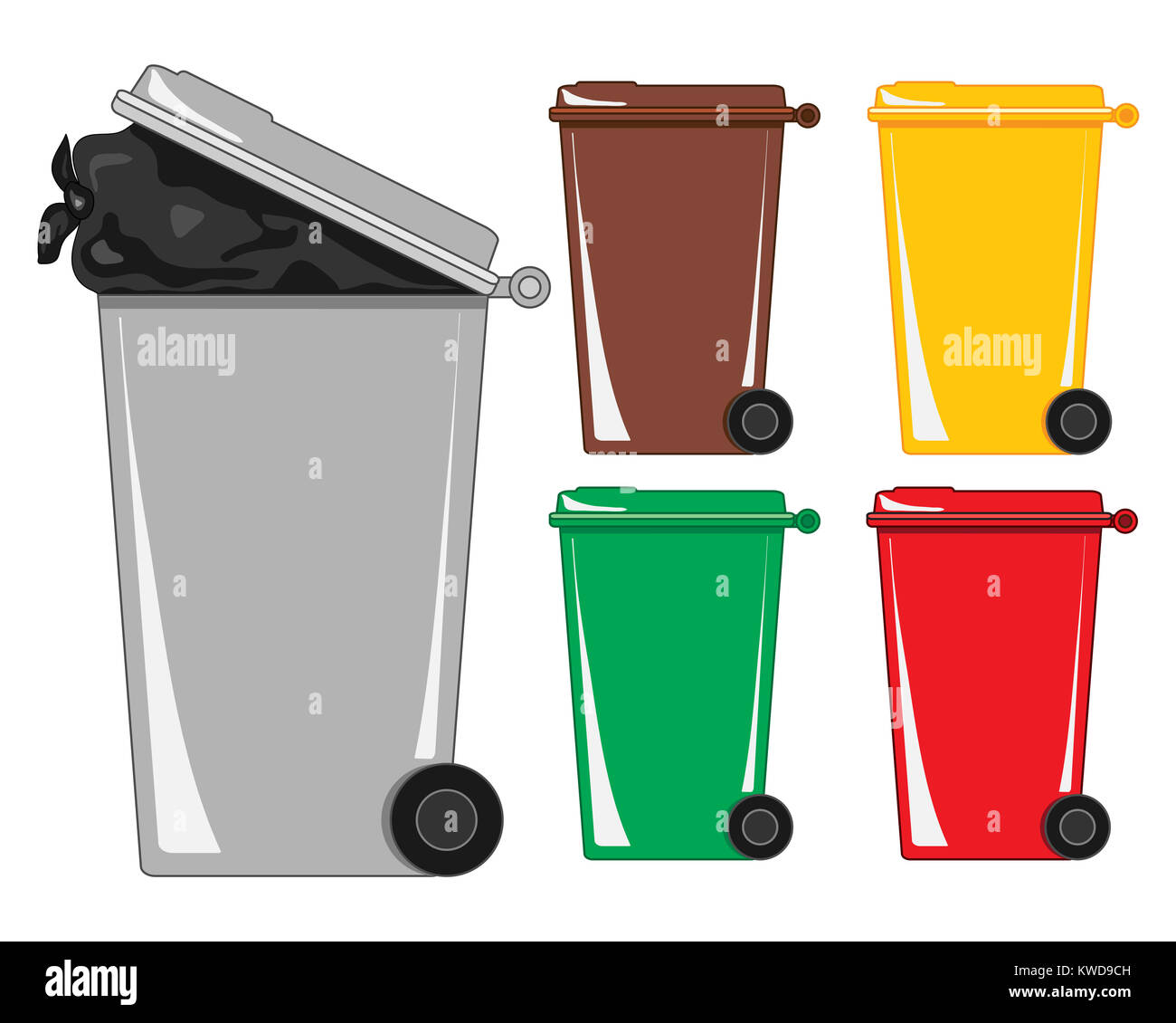 an illustration of a gray refuse bin with a bag of rubbish showing and various recycling bins on a white background Stock Photo