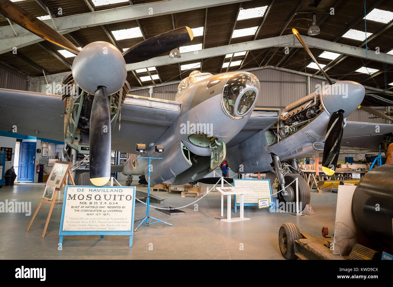 A surviving De Havilland Mosquito B.35 multirole warplane preserved on the actual factory site where the aircraft was designed and built during WWII.  Stock Photo