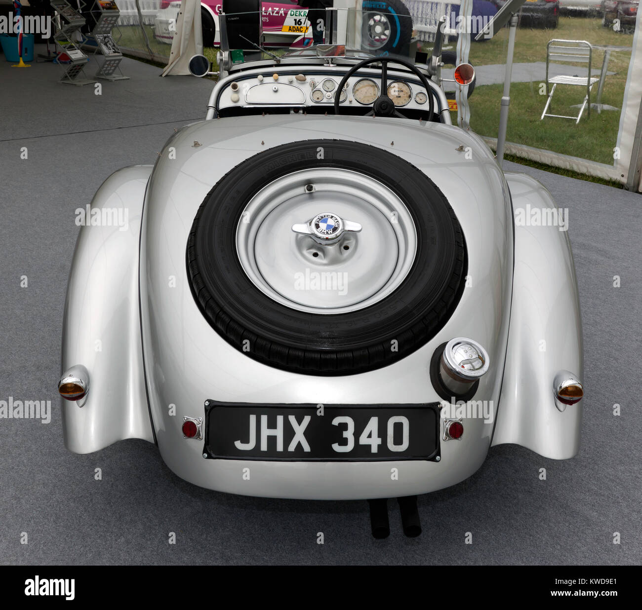 Rear view of a 1933, Silver BMW 328 on static display in the BMW Car ...