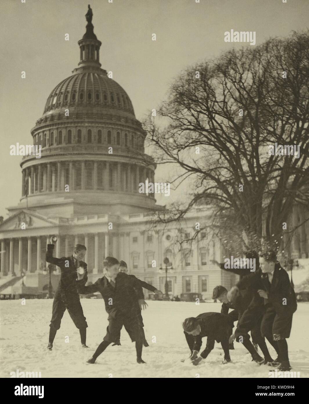 Seven Senate page boys in snowball battle in front of U.S. Capitol, ca. 1920 (BSLOC 2016 10 187) Stock Photo