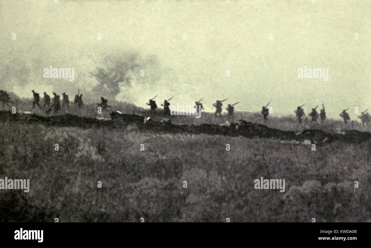 World War 1. Somme Offensive. British infantry of the Fourth Army advancing to the German line at Ovillers and La Boisselle on July 1, 1916. At the left, a shell has burst near the soldiers. British attackers had to cross 800 yards of open ground under heavy machine gun fire to reach the German trenches on the first day of the Battle of the Somme. It was the bloodiest day in the history of the British Army, when 57,470 men became casualties, of whom 19,240 were killed or died of wounds. (BSLOC 2013 1 112) Stock Photo