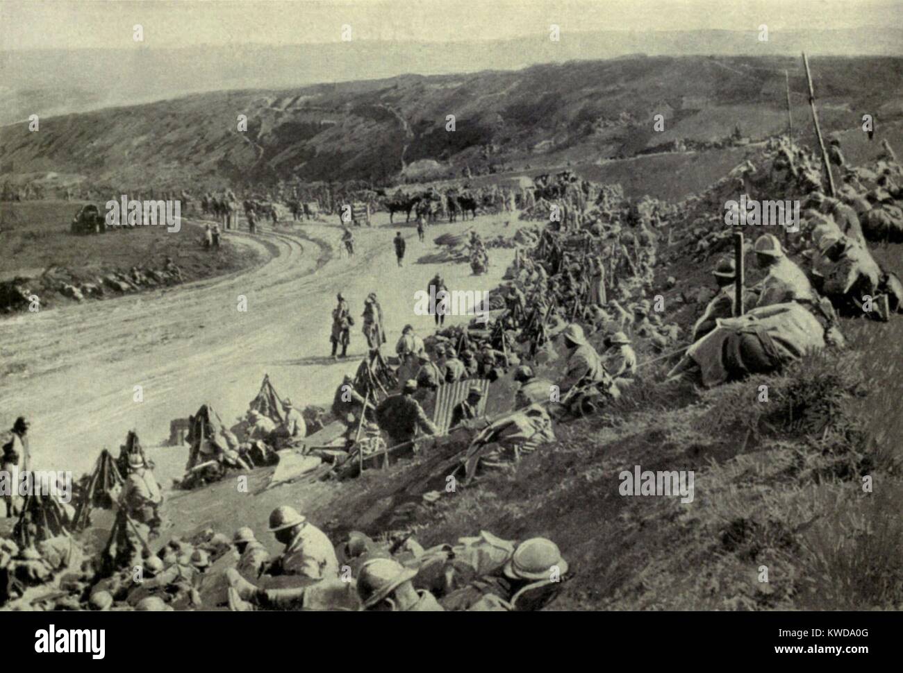 World War 1. Somme Offensive. A concentration of French troops is taking place an hour before the attack on Sailly-Saillisel. The village was won on November 1, 1916, in the last few weeks of the Battle of the Somme. (BSLOC 2013 1 114) Stock Photo