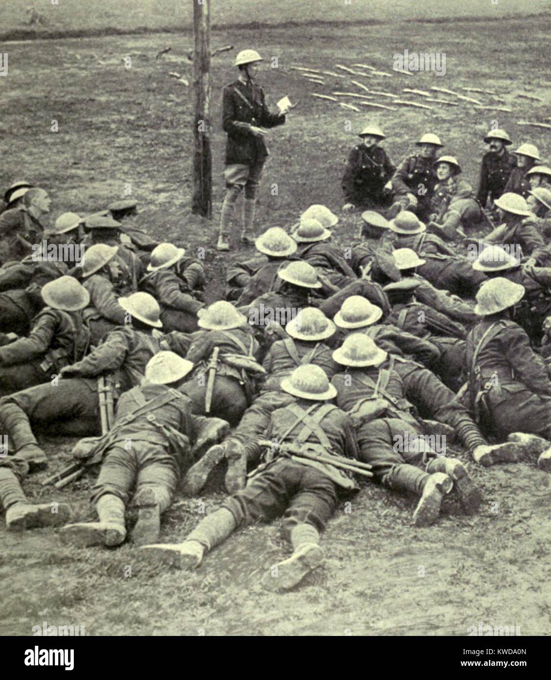 World War 1. Somme Offensive. An Canadian officer giving soldiers final instructions before they to go into battle on July 1, 1916. It the first day of the Allied offensive then called The Great Push, now know as the Battle of the Somme. (BSLOC 2013 1 116) Stock Photo